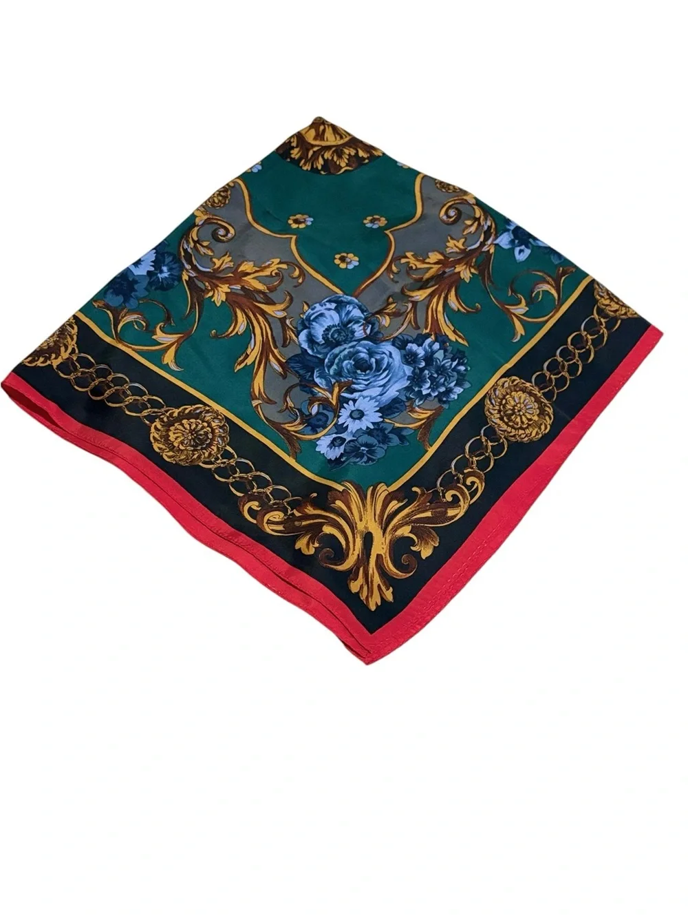 Vintage  Silk-Feel Floral Baroque Scarf in Green and Red